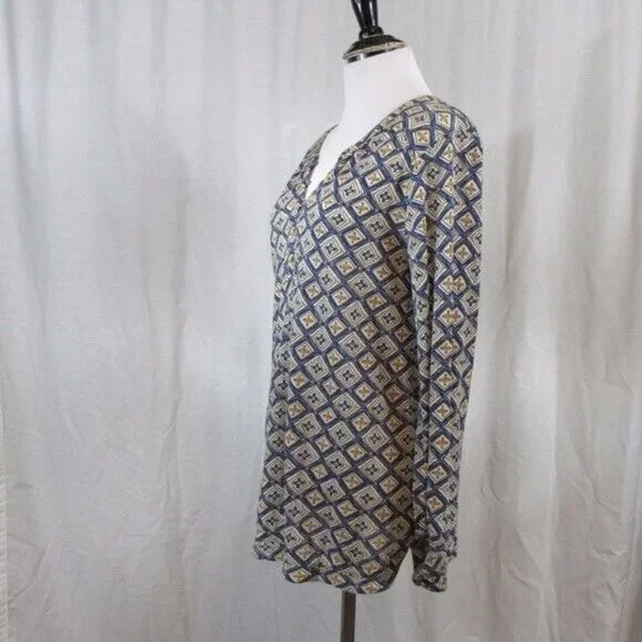 Lucky Brand Top S Blue Green Print Cotton Blend Popover - Picture 3 of 5